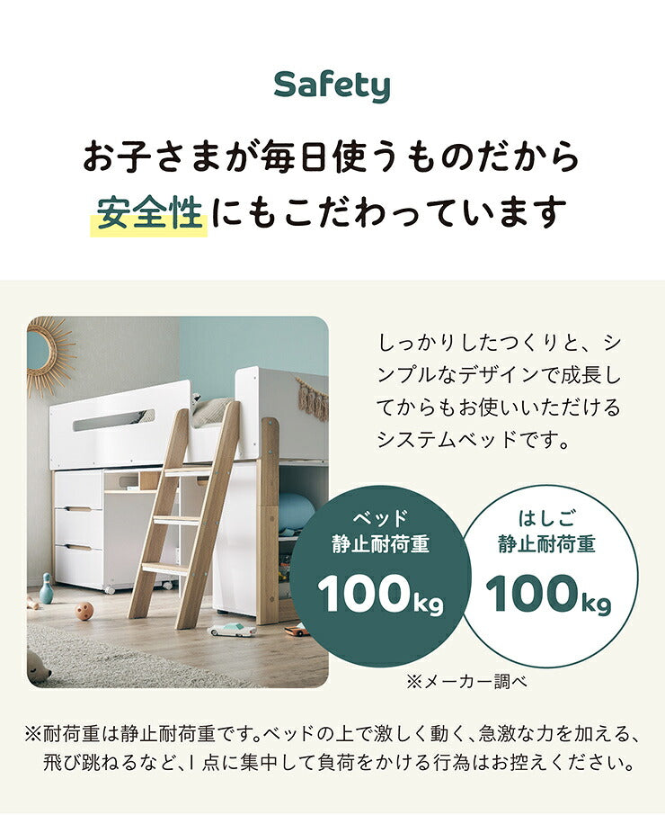 システムベッド Aina(アイナ) 2色対応 ロフトベッド デスク付き 子供 大人 ロータイプ システムデスク 学習机 学習デスク コンパクト 分割可能 チェスト ランドセルラック 子供部屋 おしゃれ シングルベッド